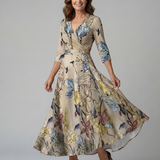 Celeste™ | Vestido Midi Floral con Escote Cruzado y Manga Tres Cuartos