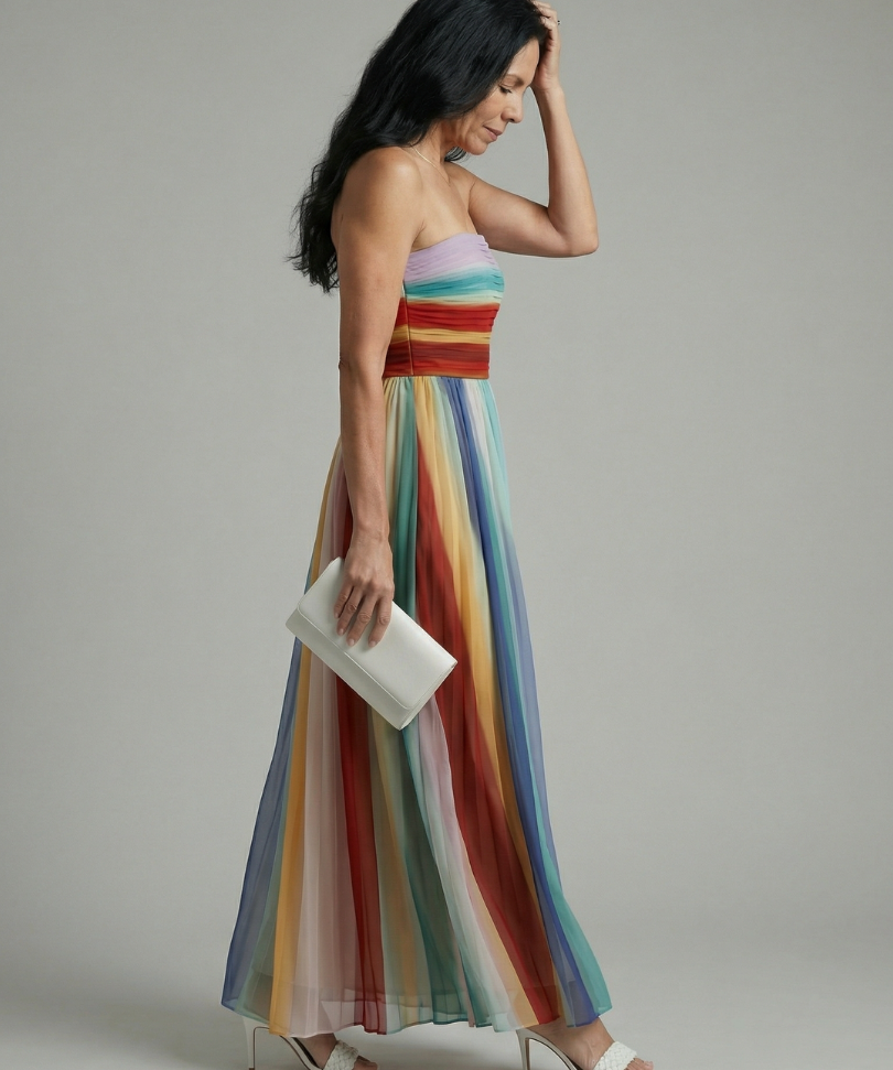 Serena™ | Vestido Maxi de Rayas Multicolor sin Tirantes