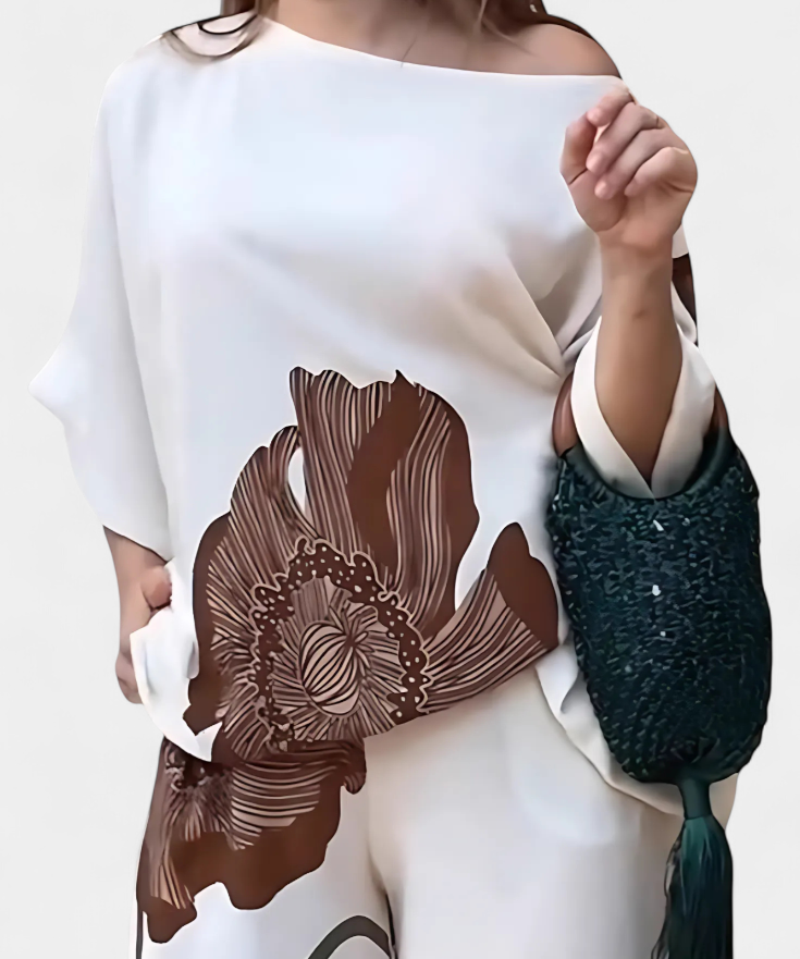Sybella Conjunto Floral de Dos Piezas con Hombro Descubierto y Pantalón Recto