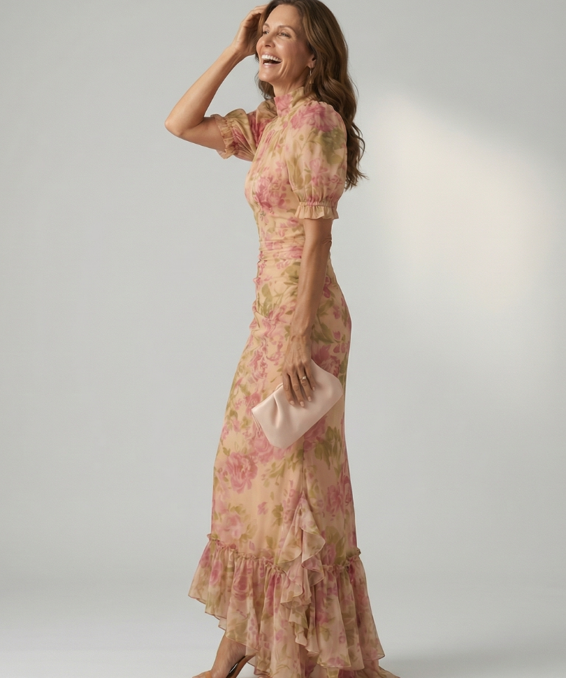 Viviana™ | Vestido Maxi Floral con Cuello Alto y Manga Abullonada