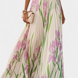 Calanthe Vestido Largo Plisado con Estampado Floral y Escote Cuadrado