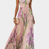 Calanthe Vestido Largo Plisado con Estampado Floral y Escote Cuadrado