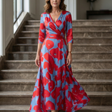 Celeste™ | Vestido Midi Floral con Escote Cruzado y Manga Tres Cuartos