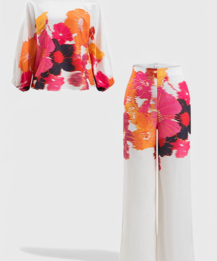 Sybella Conjunto de Dos Piezas con Hombros Descubiertos y Pantalones Amplios Estampados