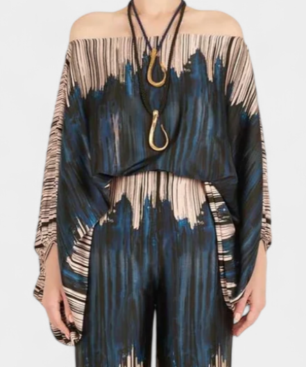 Sybella Conjunto de Dos Piezas con Hombros Descubiertos y Pantalones Amplios Estampados