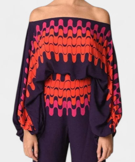Sybella Conjunto de Dos Piezas con Hombros Descubiertos y Pantalones Amplios Estampados