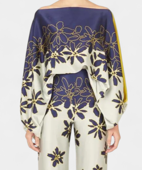 Sybella Conjunto de Dos Piezas con Hombros Descubiertos y Pantalones Amplios Estampados