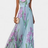 Calanthe Vestido Largo Plisado con Estampado Floral y Escote Cuadrado