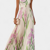 Calanthe Vestido Largo Plisado con Estampado Floral y Escote Cuadrado