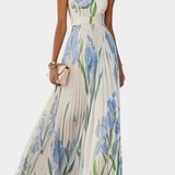 Calanthe Vestido Largo Plisado con Estampado Floral y Escote Cuadrado