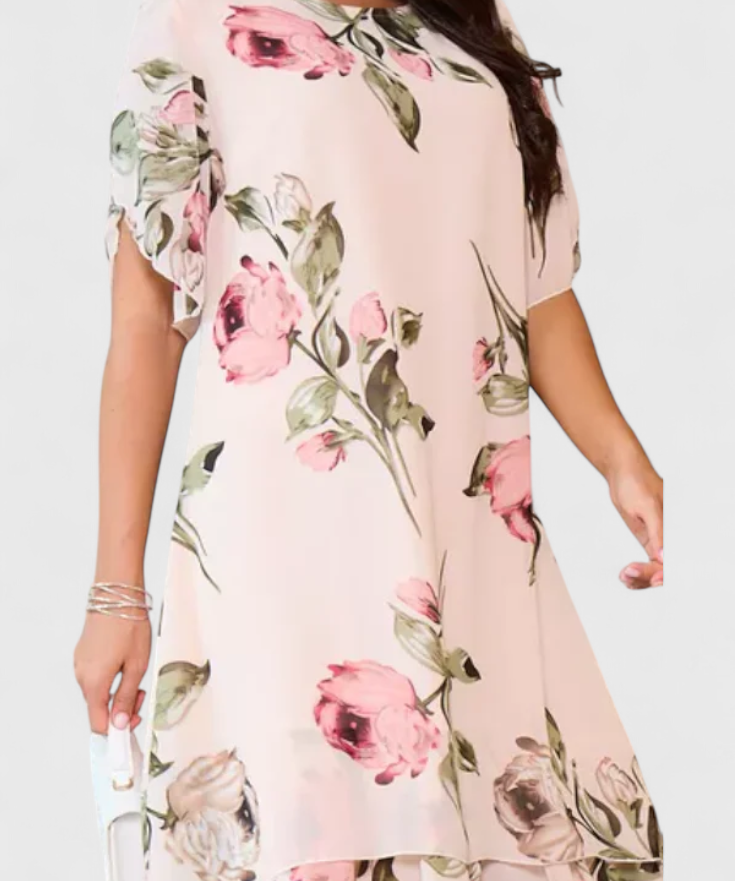Tameka Vestido de Gasa Fluida con Pétalos y Mangas Transparentes