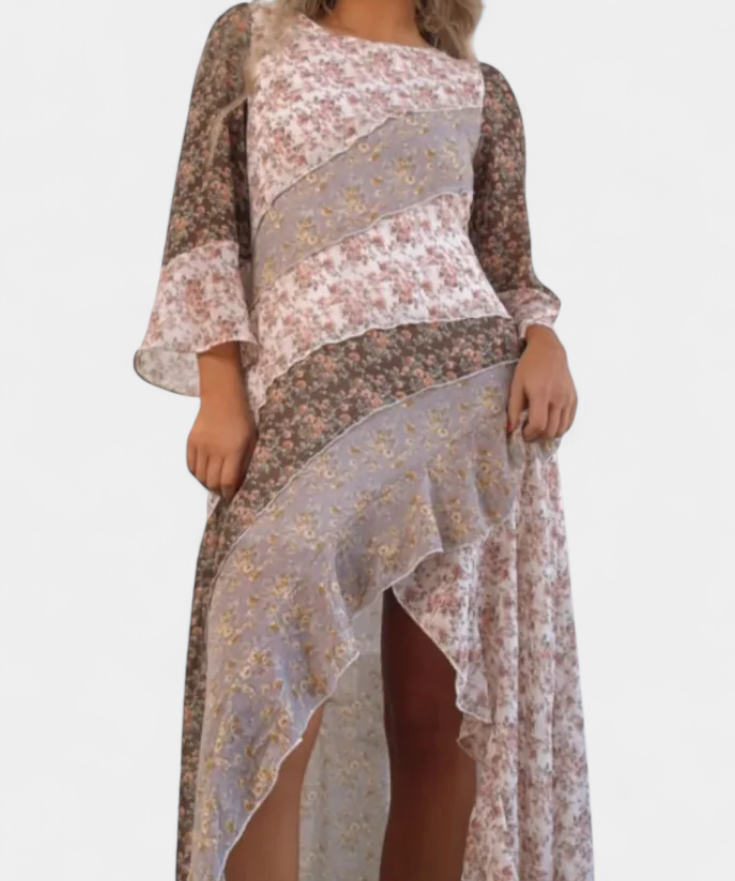 Ruth Vestido Largo Floral con Mangas 3/4 y Paneles Volantes