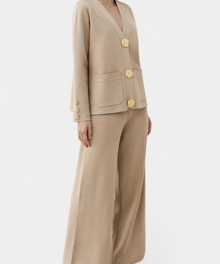 Aireen Conjunto de Punto con Cárdigan y Pantalón de Pierna Ancha