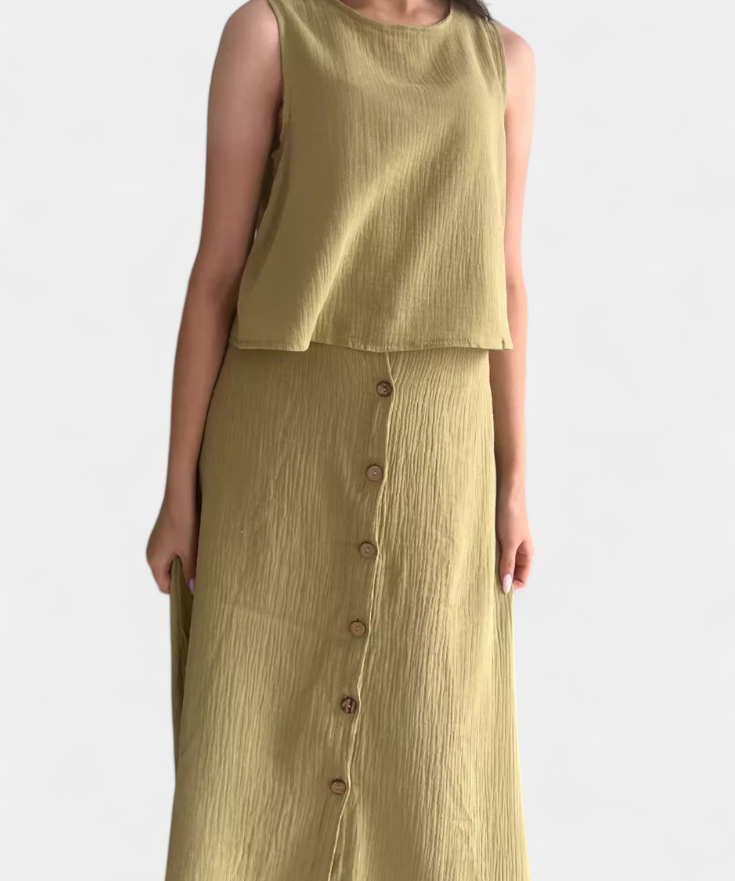 Naha Conjunto de Algodón con Chaleco y Botones Frontales
