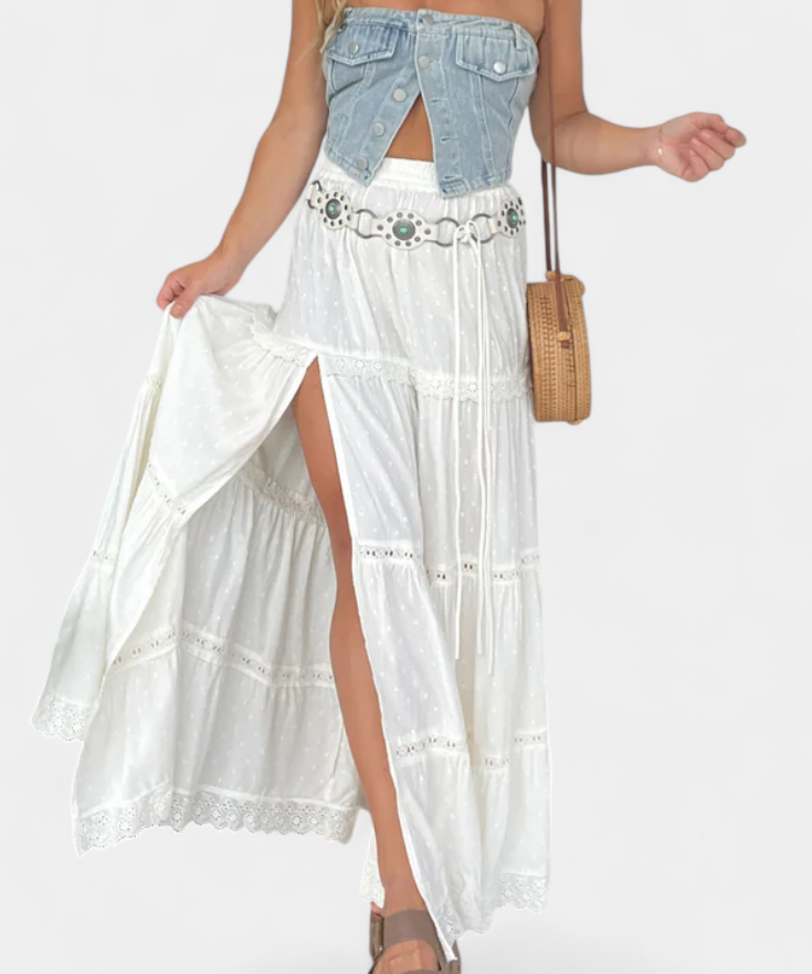 Dola Falda Maxi Boho con Encaje y Abertura Frontal