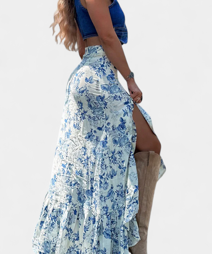 Kala Falda Maxi Floral con Abertura y Volantes