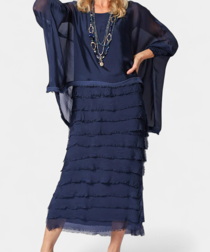 Rosaria Vestido Midi con Volantes y Bordes Deshilachados