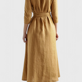 Sharon Vestido Midi Vintage de Algodón y Lino con Cuello de Solapa