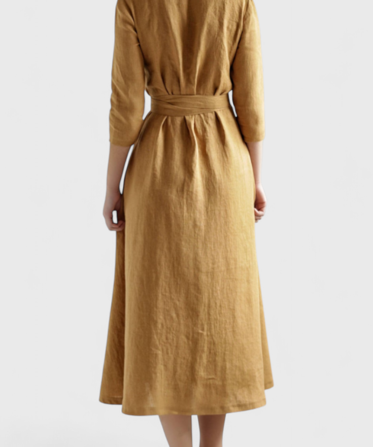 Sharon Vestido Midi Vintage de Algodón y Lino con Cuello de Solapa