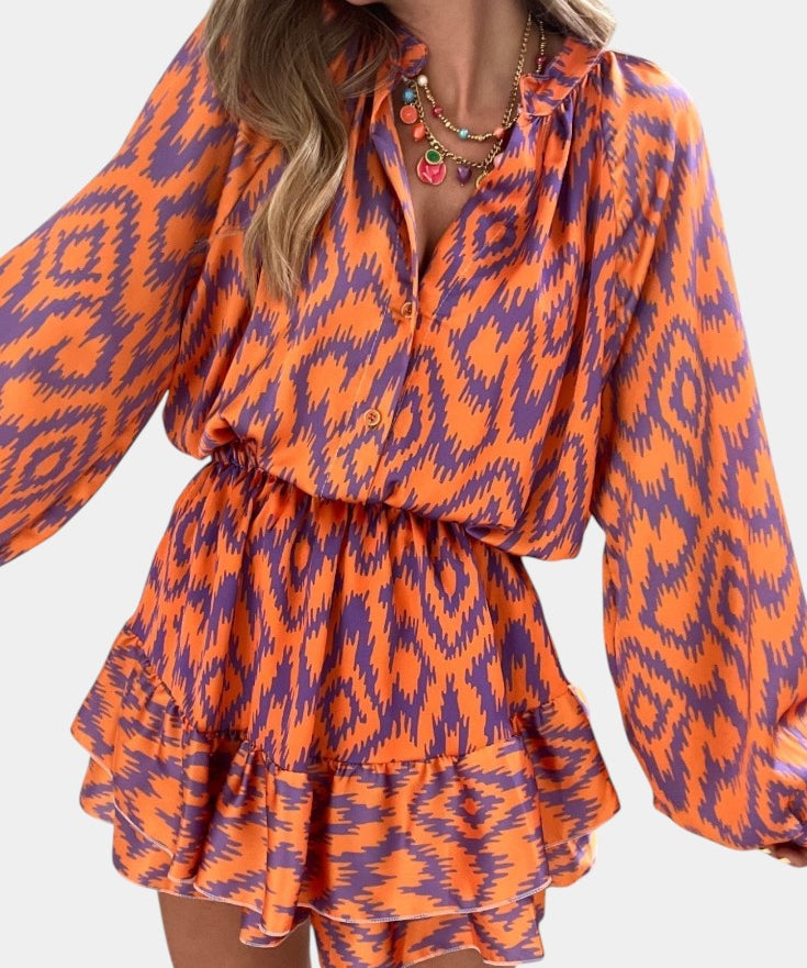 Yasmine Mono Mini con Volantes y Estampado Ikat